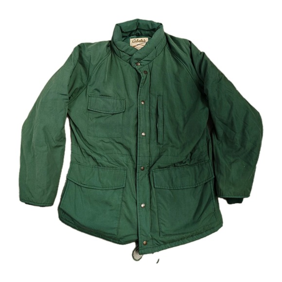 Vintage 80s 90s Cabelas Mens Large Goretex Hooded Puffer Parka Jacket Coat Green - Picture 1 of 12